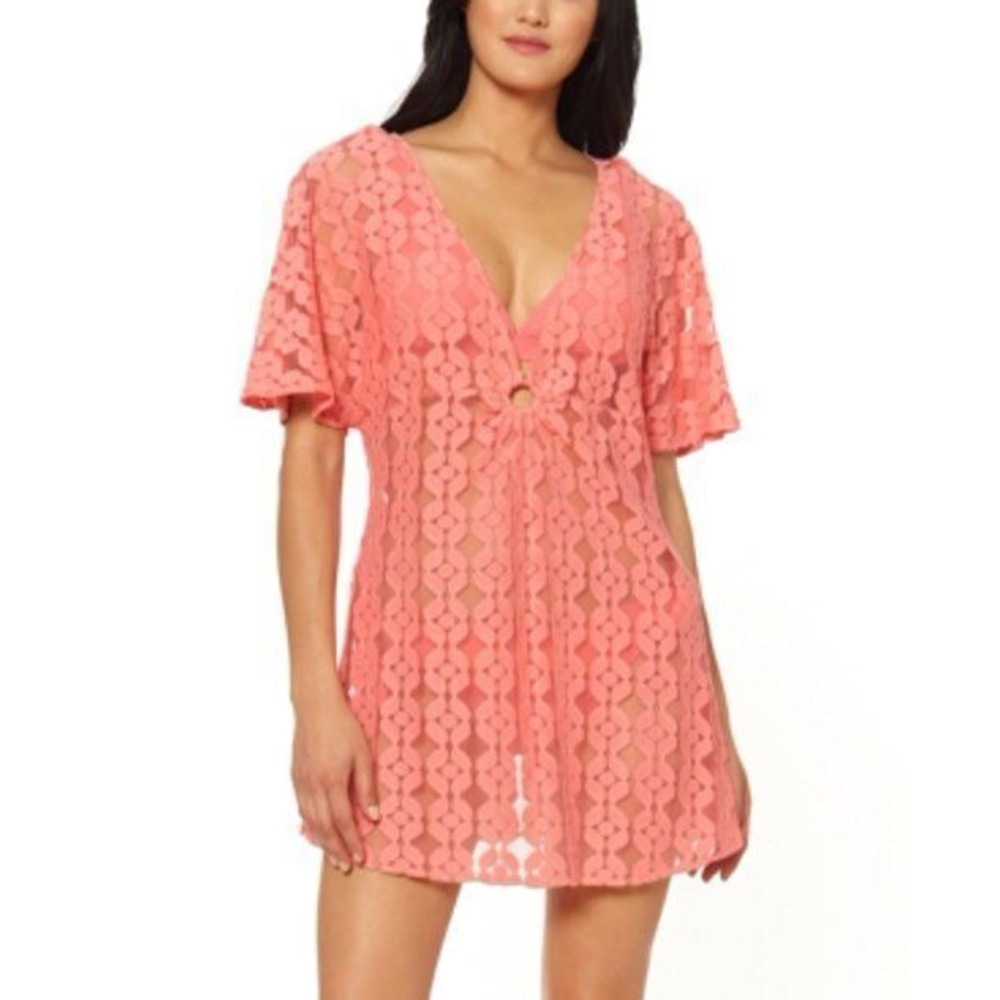 Jessica Simpson O Ring Crochet‎ Swim Cover up Dress MELON Size Large